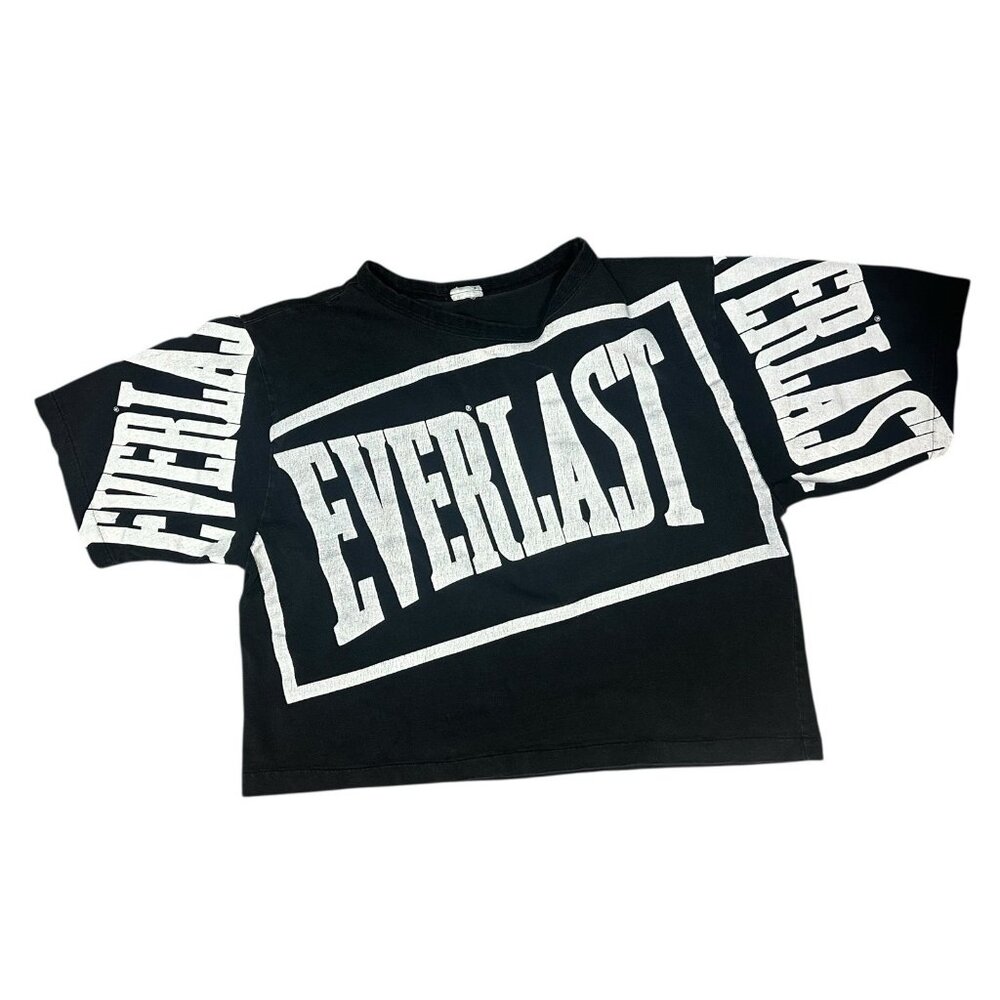 Vtg 80 90's EVERLAST BLACK ALL OVER PRINT Spellout Cropped Streetwear TShirt USA